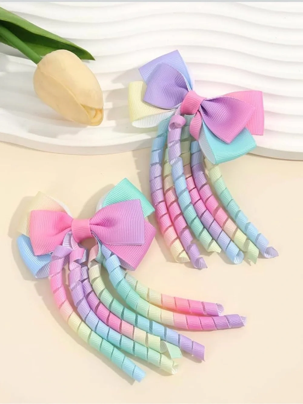 2Pcs Pastel Rainbow Curly Ribbon Bow Hair Clips